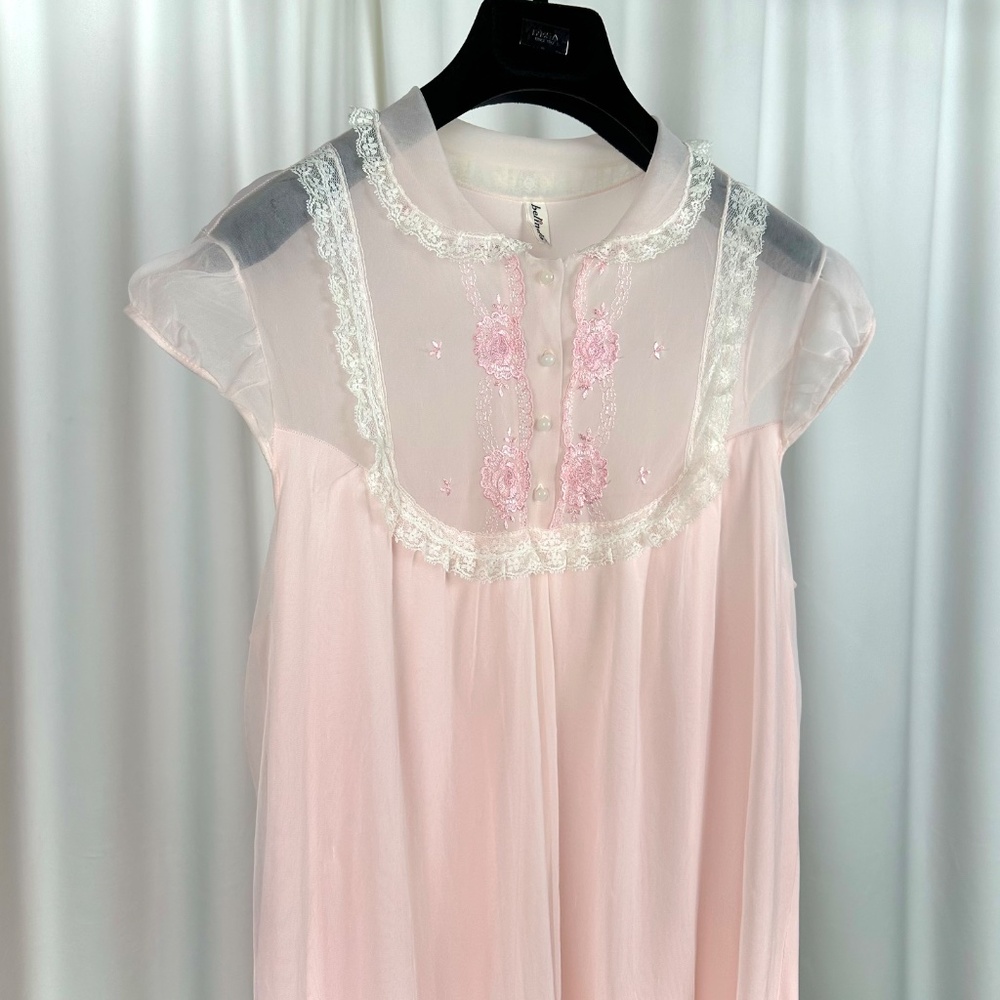 Vintage 60s Pink Sheer Nightgown | Belinda Lace Nylon Slip S/M - Picture 7 of 13